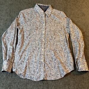 Chaps No Iron Paisley Button Down Shirt Navy and White Medium Blouse Top